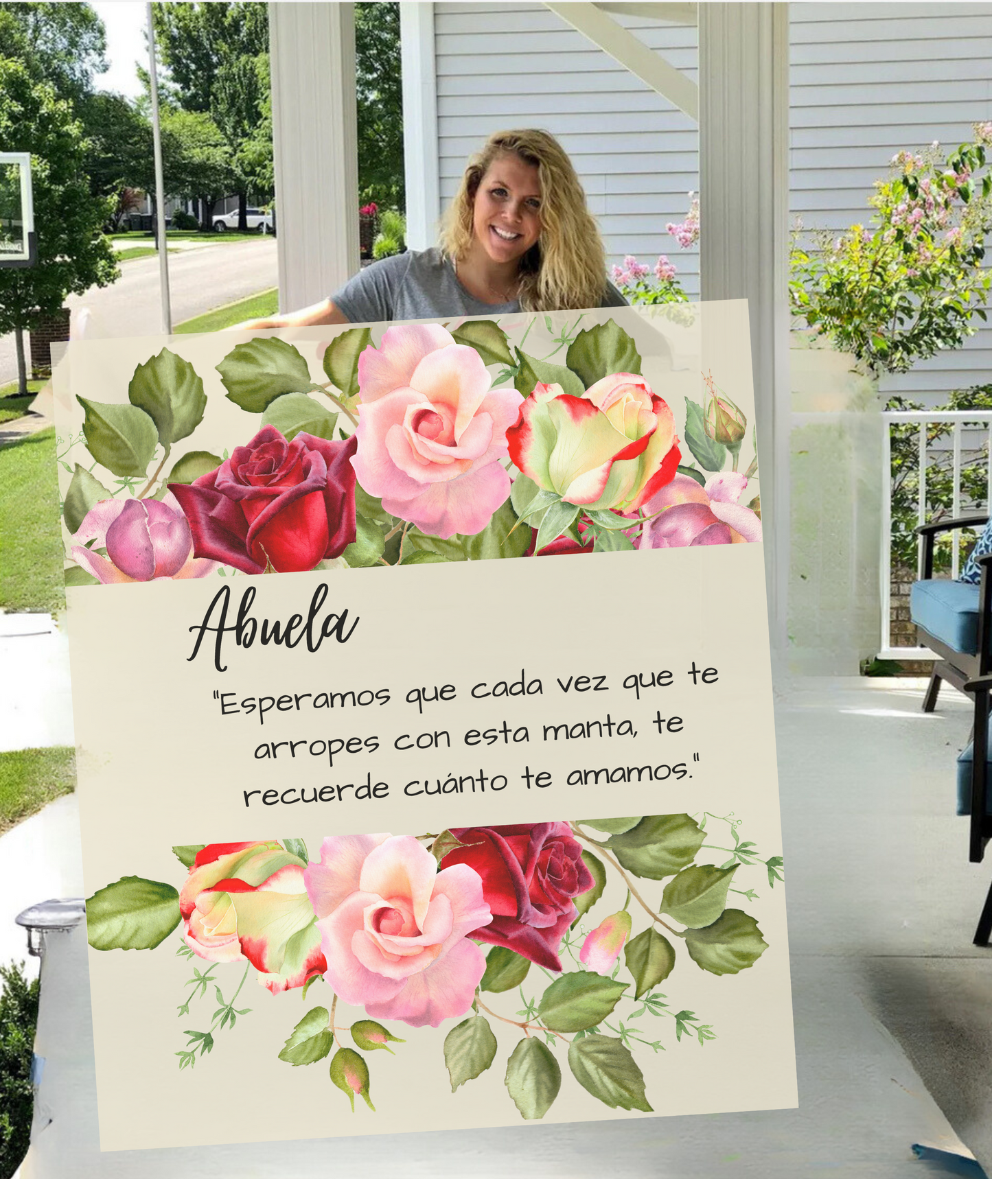 Custom Personalized Velveteen Plush Blanket Abuela Pink Roses